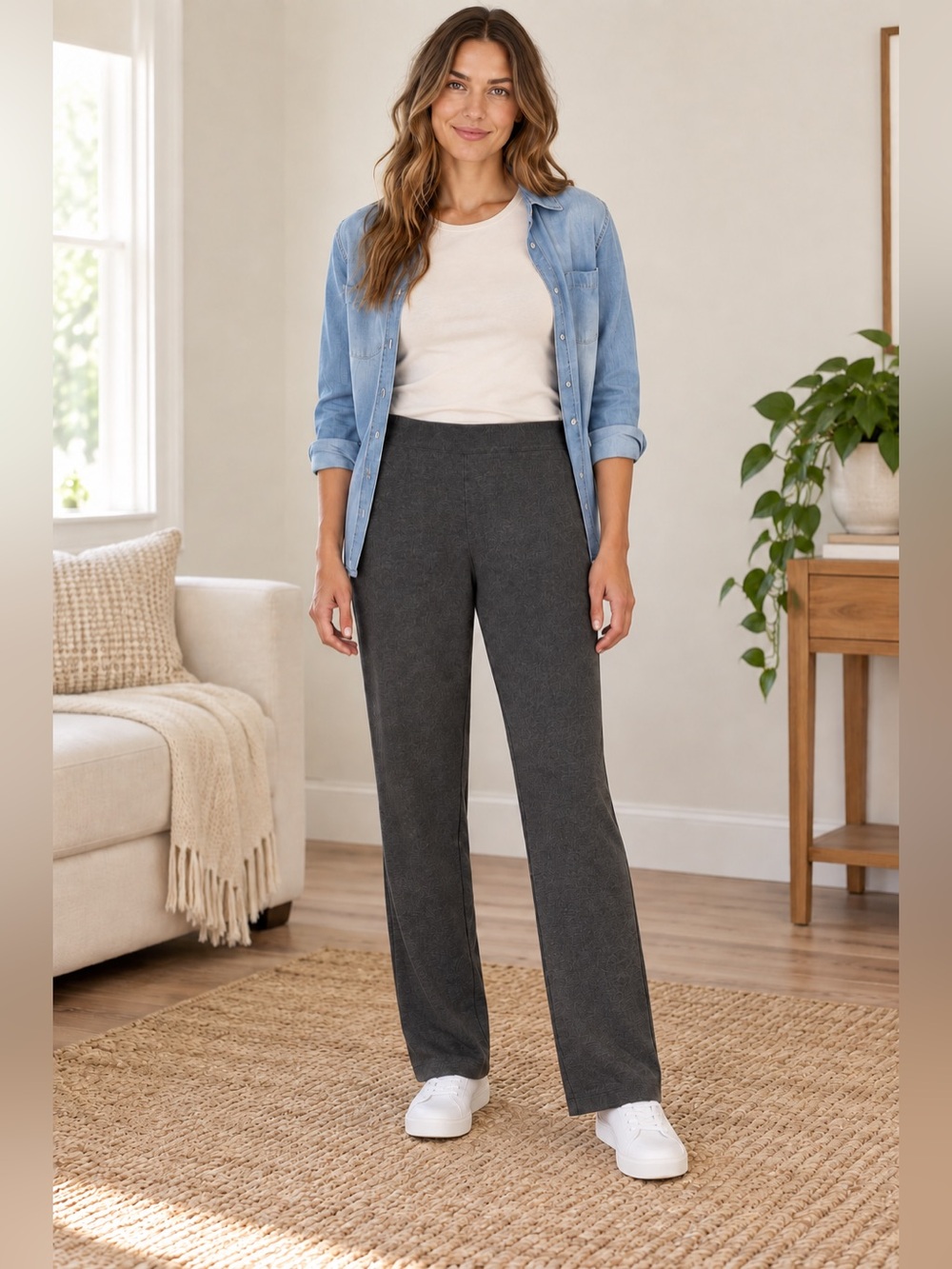 L.L.Bean Gray Cotton Knit Straight Leg Pull On Pants M Tall